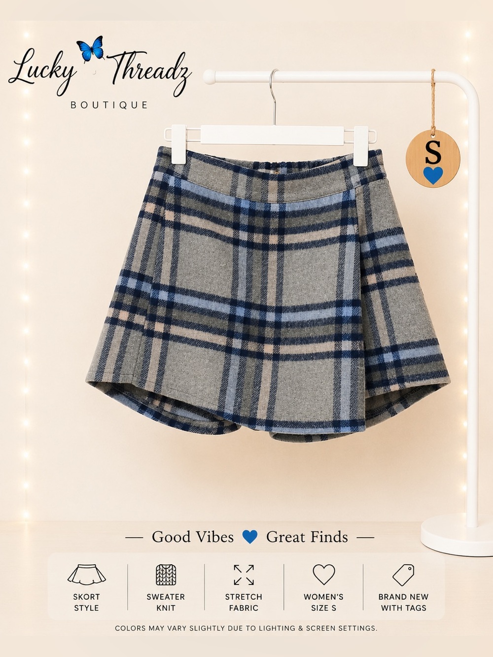 Dear You Plaid Sweater Knit Skort Shorts Gray Blue Women Small NWT